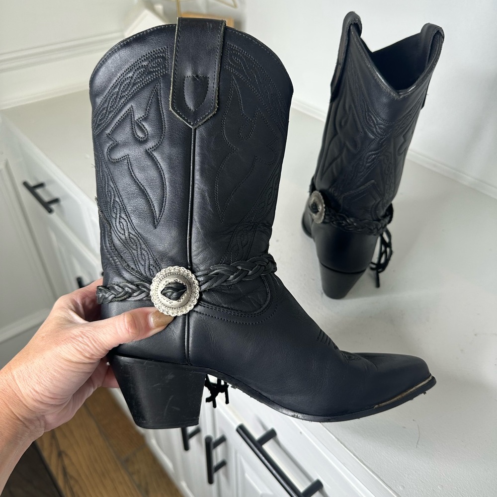 **SOLD**Oak Tree Farms Black Leather Western Cowboy Boots Braided Harness 9 - Picture 6 of 9